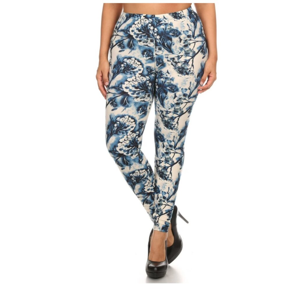 Plus Size Floral Print, Full Length Leggings In A Slim Fitting Style Banded